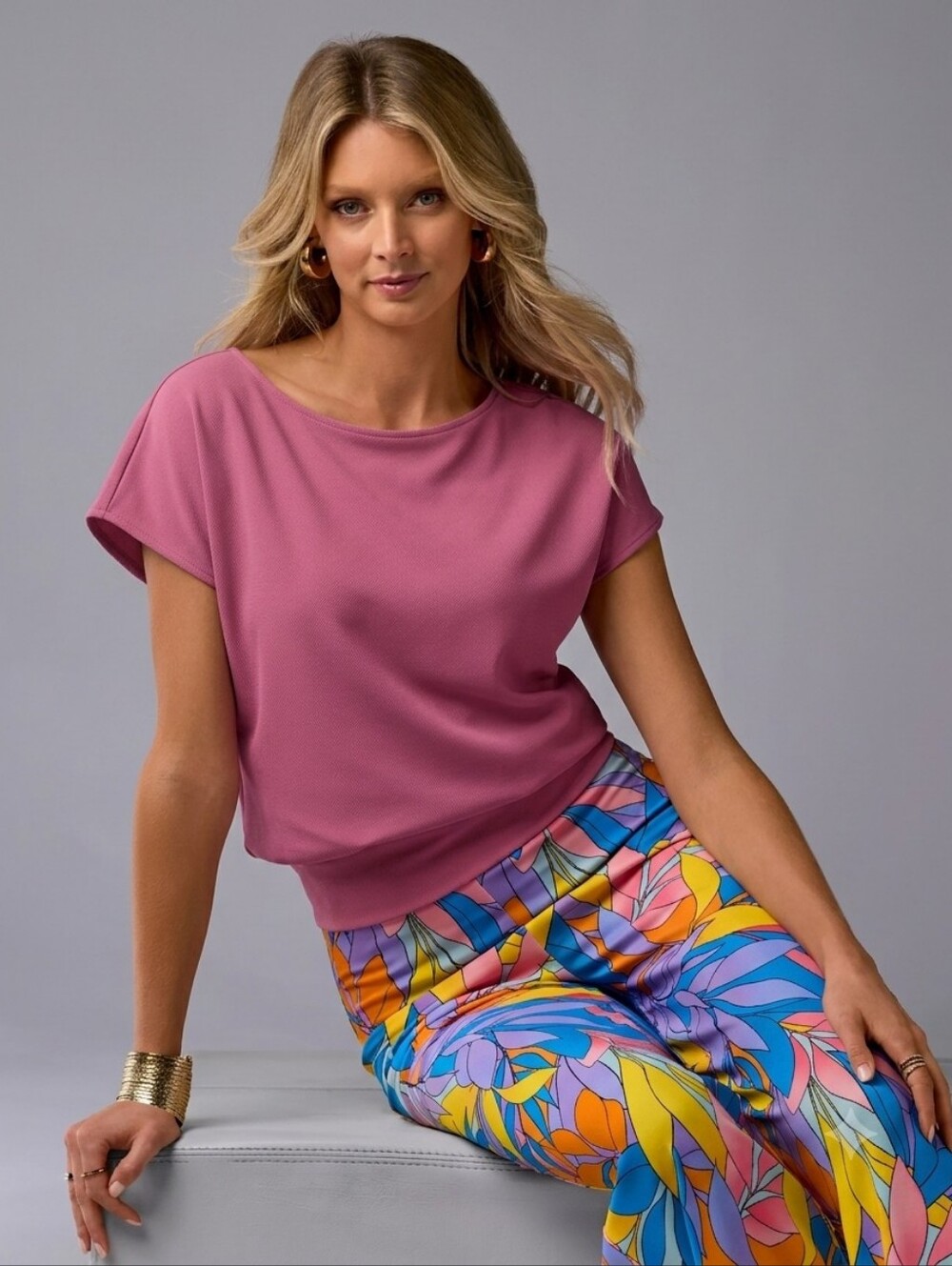 BOSTON PROPER Beyond Travel Short Sleeve Blouson Top-PURPLE PINK